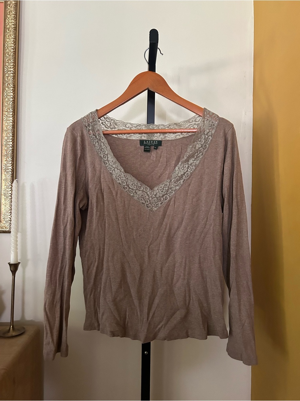 Lauren Ralph Lauren Y2K Lace Trim V-Neck Top Ribbed Long Sleeve Taupe Large